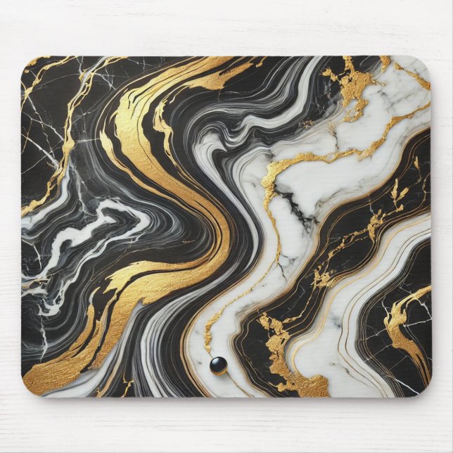 Mousepad Liquido Dourado Preto Branco Mármore Visual Glam C (Frente)