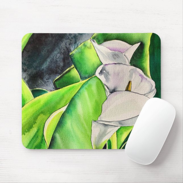 Mousepad Lírio-de-arum branco aquarela floral tropical (Com mouse)