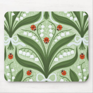 Mousepad Lírio-do-vale e joaninhas simetria em verde,