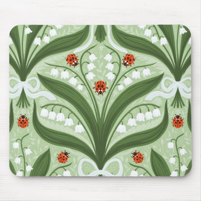 Mousepad Lírio-do-vale e joaninhas simetria em verde, (Frente)