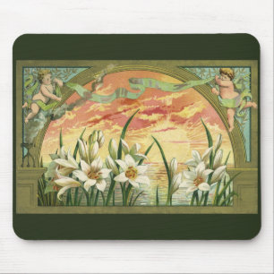 Mousepad Lírios de Páscoa Vintage ao Nascer do Sol e Anjos