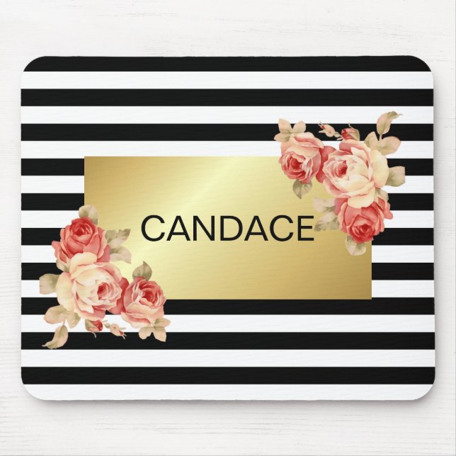 Mousepad Listra e ouro pretos & brancos com rosas do (Frente)