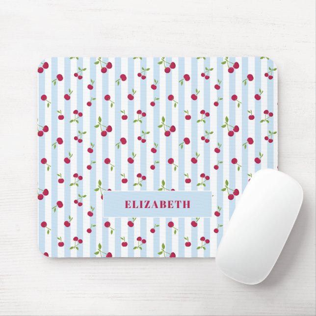 Mousepad Listras Azuis Cereja Personalizadas Retro Fofo (Com mouse)
