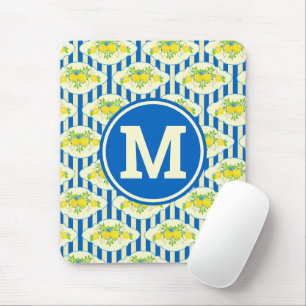 Mousepad Listras Azuis e Padrão de Limões e Folhas de Verão