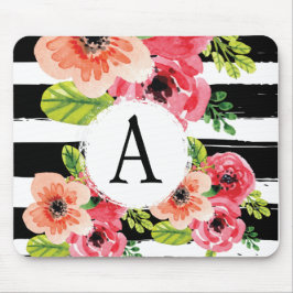 Mousepad Listras brancas florais & pretas da aguarela de