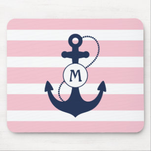 Mousepad Listras cor-de-rosa com âncora e monograma