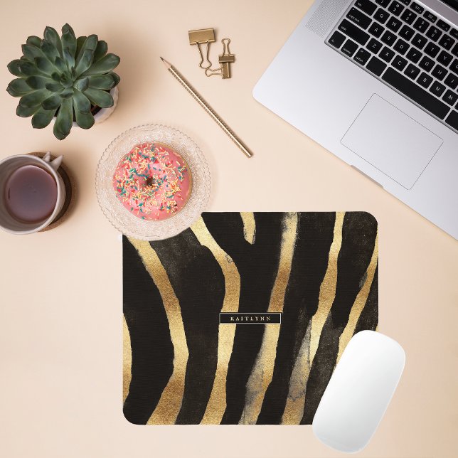 Mousepad Listras de Zebra Preta e Dourada | Monograma (Criador carregado)