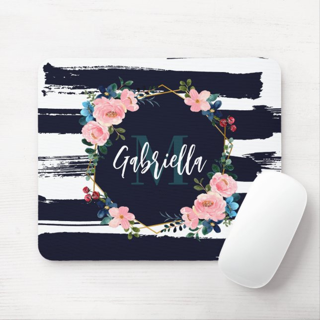 Mousepad Listras E Monograma De Moldura Floral (Com mouse)