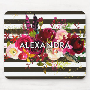 Mousepad Listras preto e branco florais de Boho Borgonha