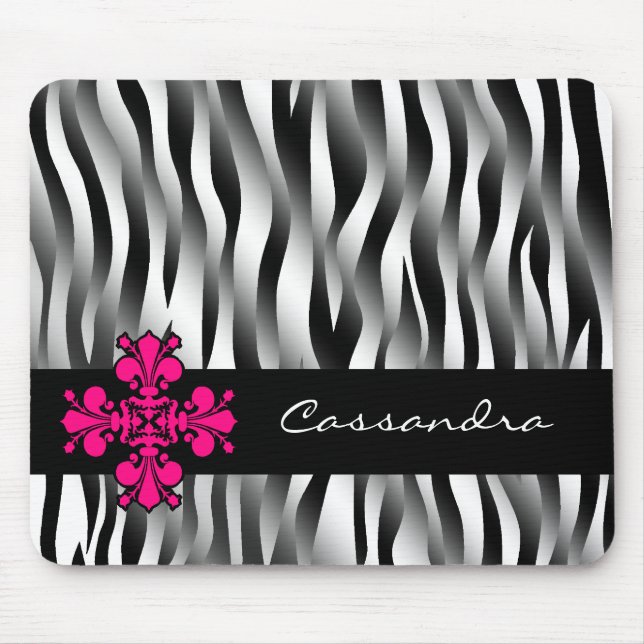 Mousepad Listras-zebra brancas e pretas com decoração rosa  (Frente)
