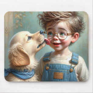 Mousepad Little Boy beijado por Ouro Retriever Puppy