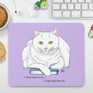 Mousepad Livro de Gato Branco Engraçado Lendo Humor Roxo