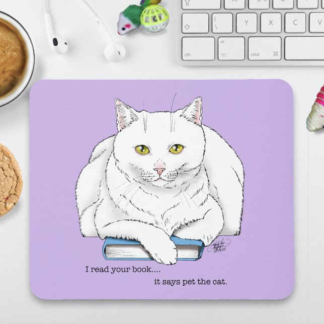 Mousepad Livro de Gato Branco Engraçado Lendo Humor Roxo (Criador carregado)