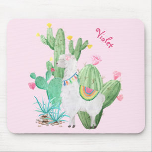 Mousepad Llama e Cactus Watercolor - Pastel Rosa