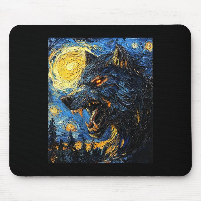Mousepad Lobisomem Lobo - Estilo Van Gogh - Starry Nig (Frente)