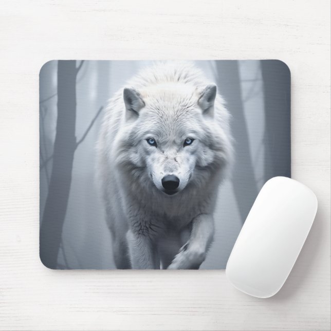 Mousepad Lobo Branco na Floresta Foggy (Com mouse)