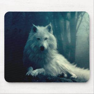 Mousepad Lobo branco na floresta noturna