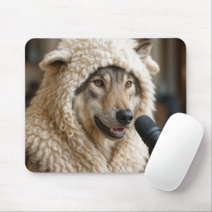 Mousepad Lobo com roupa de ovelha fazendo um podcast