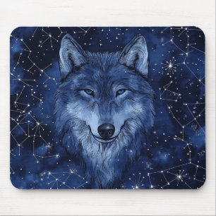 Mousepad Lobo Cósmico Azul Céu Estrelado