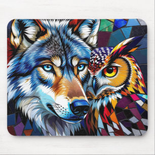 Mousepad Lobo e Coruja Vibrantes e Coloridos