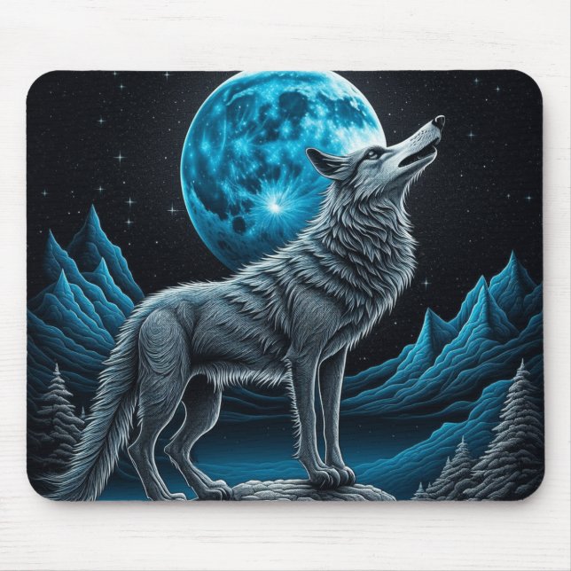 Mousepad Lobo em frente à lua cheia | arte AI (Frente)
