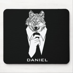 Mousepad Lobo engraçado do hipster com o smoking preto