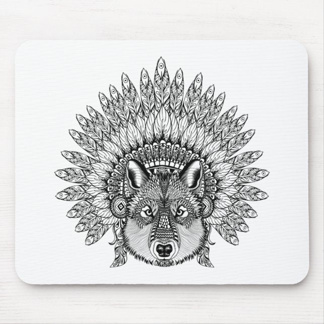 Mousepad Lobo inspirado na capota emplumada da guerra (Frente)