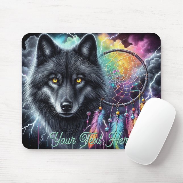 Mousepad Lobo Negro com caçador de Sonhos (Com mouse)
