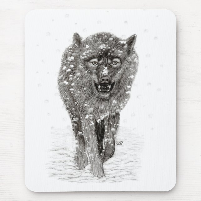 Mousepad Lobo Negro Zangado na Neve, inverno selvagem (Frente)