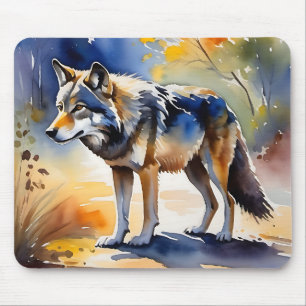Mousepad Lobo numa pintura de aquarela florestal