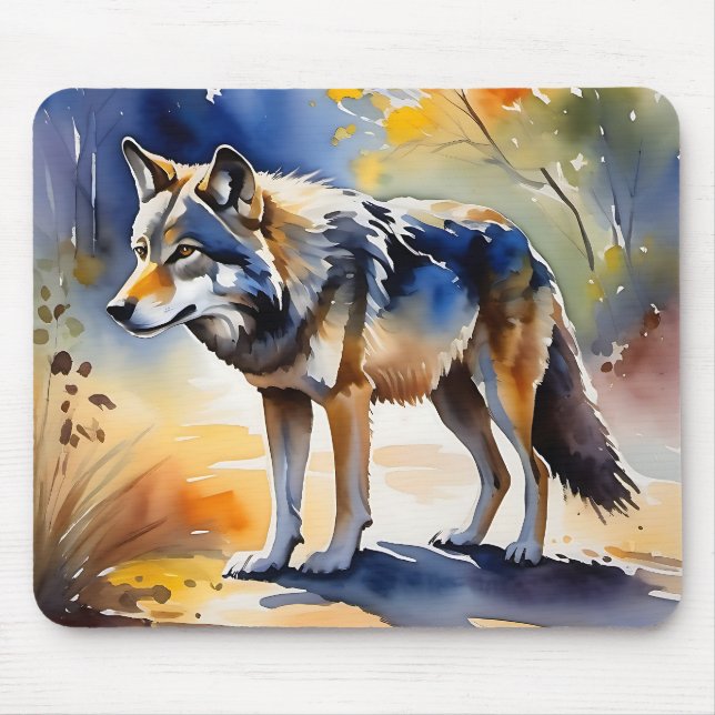 Mousepad Lobo numa pintura de aquarela florestal (Frente)