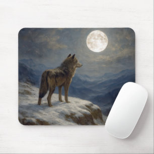 Mousepad Lobo Solitário no Topo de uma Montanha ao Luar