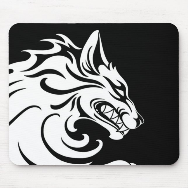 Mousepad Lobo tribal branco e preto agressivo (Frente)
