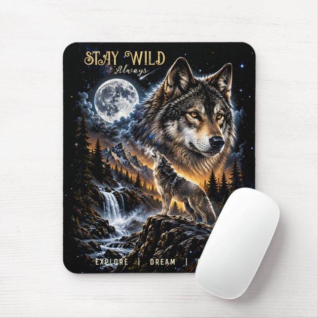 Mousepad Lobo Uivando Para a Lua Floresta Vida Selvagem Nat (Com mouse)