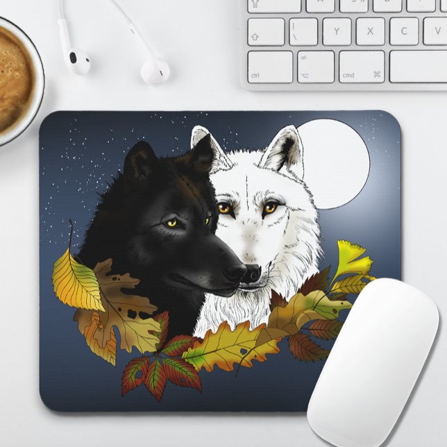 Mousepad Lobos Preto Branco Luar Folhas de Outono (Criador carregado)