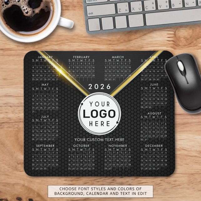 Mousepad Logotipo comercial 2026 Calendário Preto Dourado (Criador carregado)