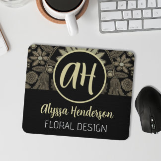 Mousepad Logotipo de negócios de design floral preto e bege