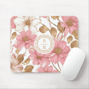 Mousepad Logotipo do Monograma Botânico Floral de Luxo Aqua