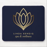 Mousepad Logotipo Dourado do lótus azul | Adicione o seu no<br><div class="desc">Cartões de visitas elegantes para estúdios de massagem, terapia de massagem, spas ou profissionais de bem-estar apresentam uma ilustração falsa de flor de lotus de folha de ouro. Personalize a frente com duas linhas de texto personalizado sobre o fundo azul moderno usando o modelo. Um design de chic para qualquer...</div>
