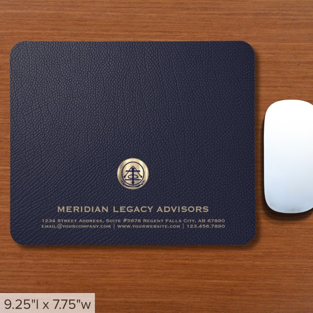 Mousepad Logotipo Dourado Elegante de couro azul (Elegant Blue Leather Print Mousepad with Customizable Gold Logo Customizable for Any Profession)