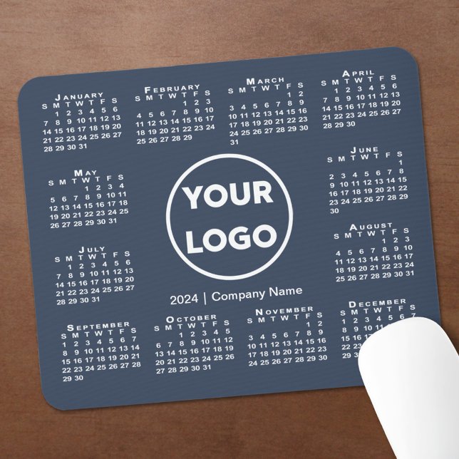 Mousepad Logotipo simples para empresas no calendário 2024  (2024 Calendar Logo Navy Blue Mouse Pad, in situ)