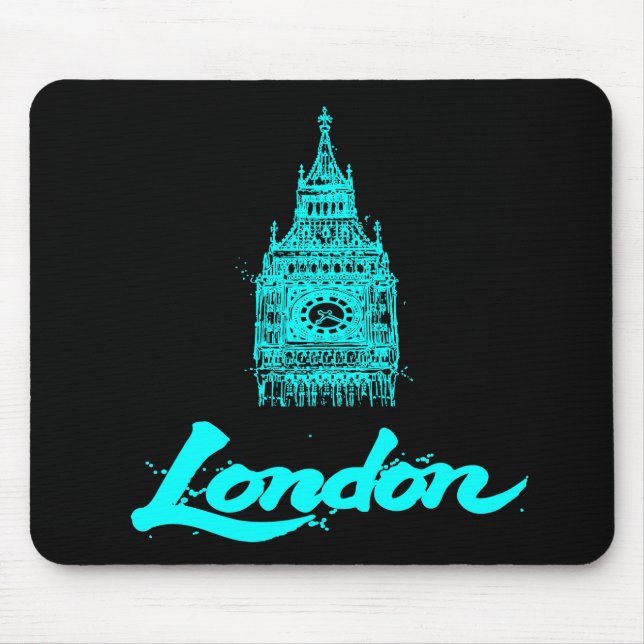 Mousepad Londres Neon Ciano Big Ben Esboço Moderno Preto (Frente)