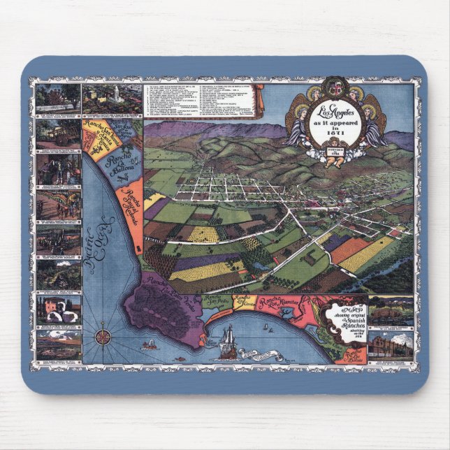 Mousepad Los Angeles, Califórnia, Mapa Aéreo Antigo da Cida (Frente)