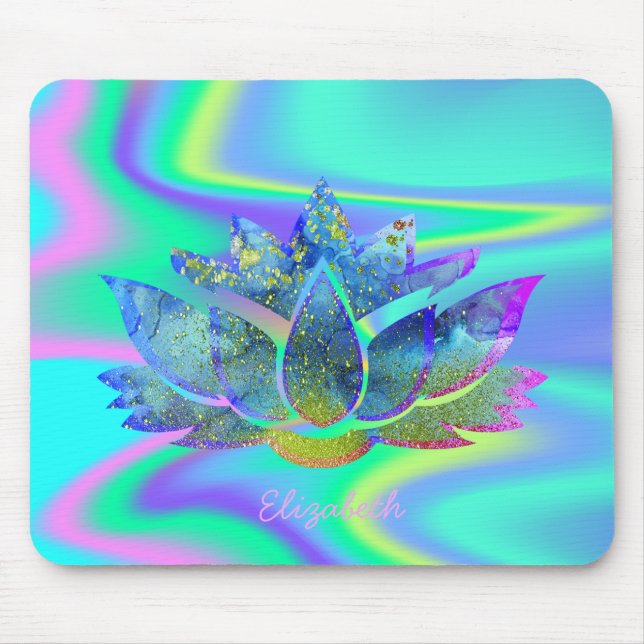 Mousepad Lotus Azul Adorável, Arco-Íris Holográfico (Frente)