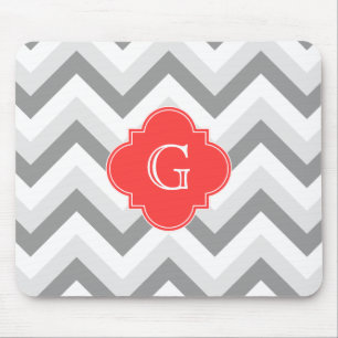 Mousepad Lt Duas Cinzas Wht Chevron SQ Coral Red Name Monog