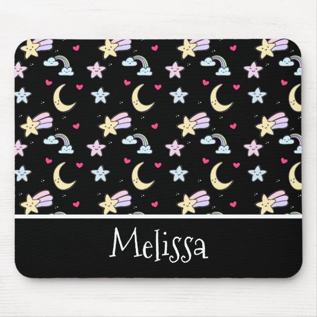 Mousepad Lua branca, estrelas e nuvens padrão em preto (Frente)