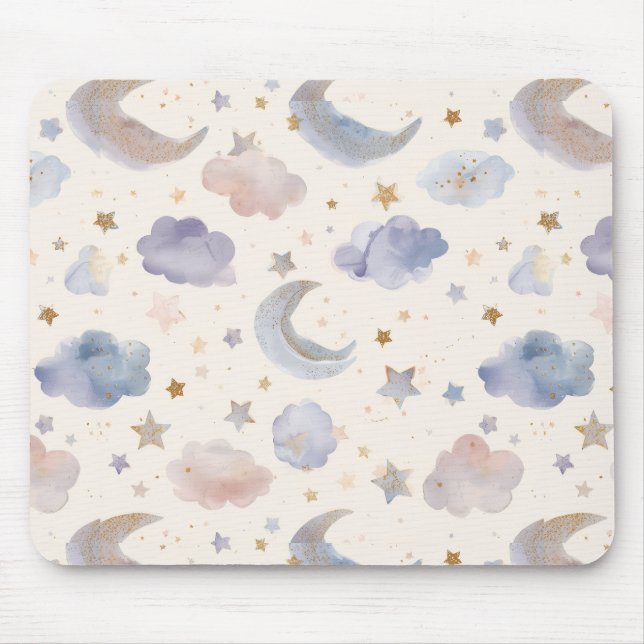 Mousepad Lua Celestial Estrelas Nuvens Aquarela Pastel (Frente)