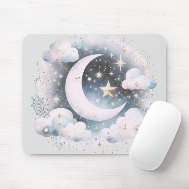 Mousepad Lua Crescente Azul e Branco Celestial Boho Moderno (Com mouse)