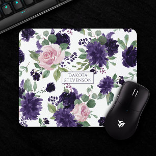 Mousepad Lush Blossoms Monograma de padrão roxo e rosa