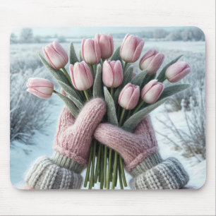 Mousepad Luvas cor-de-rosa segurando um Buquê